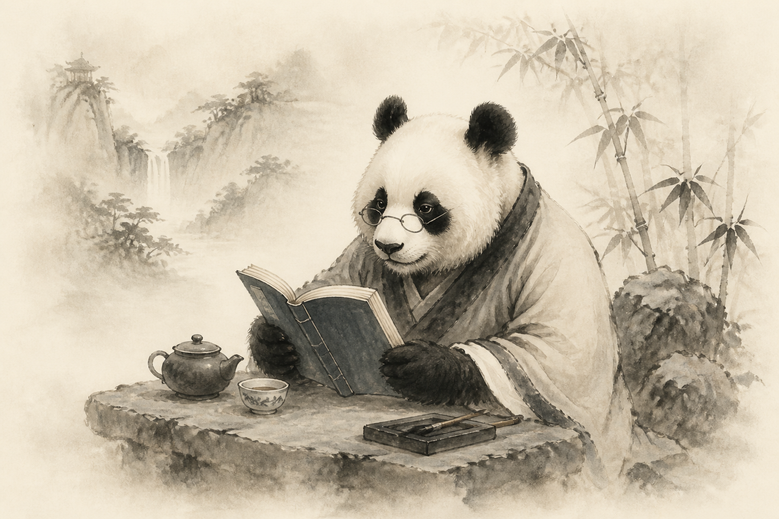 Взрослая панда-учёный закрепляет материал с книгой